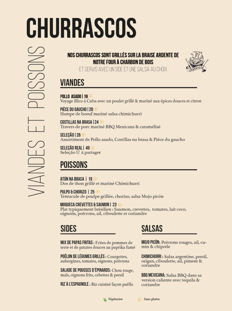 Churrascos - viande menu - poisson - frites - accompagnements - sauces