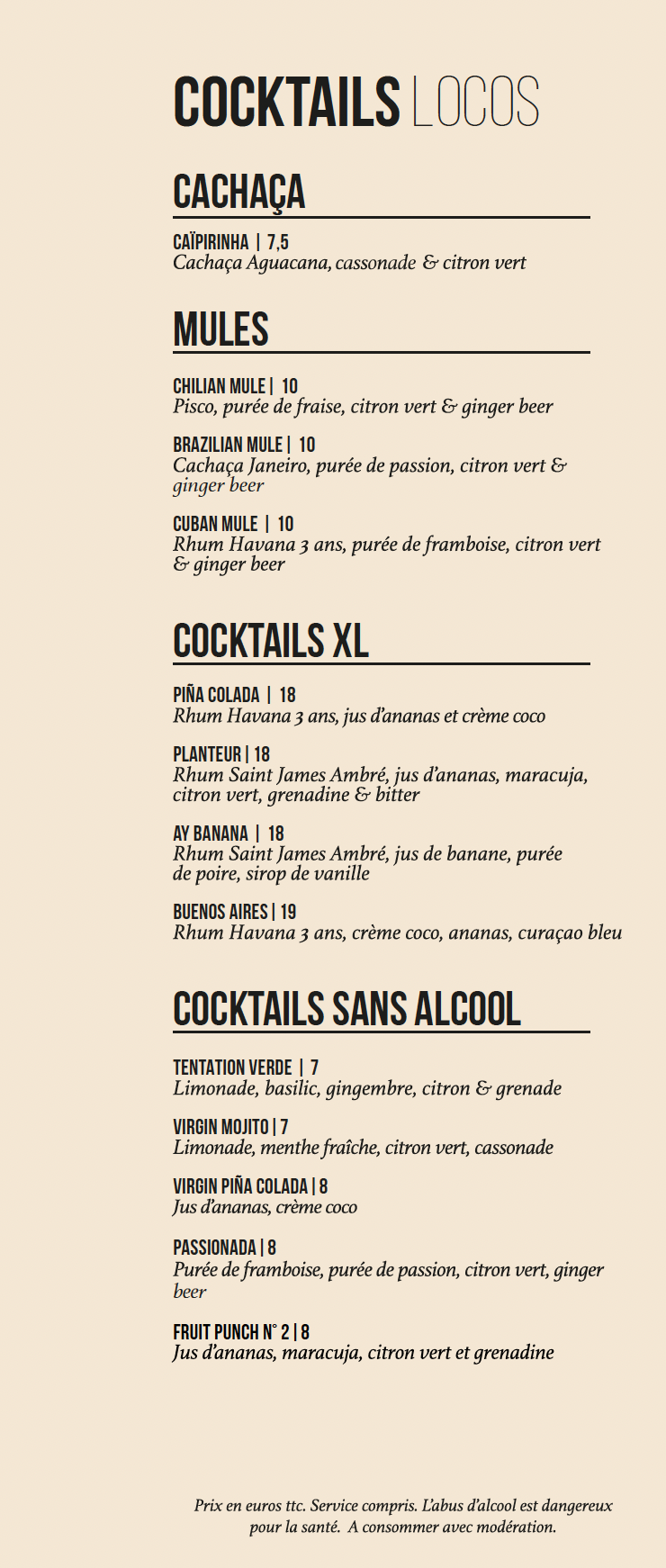 cocktails cachaça - mules - cocktails à partager - cocktails sans alcool -mojitos - planteur - buenos aires - pinas colada - loco loca