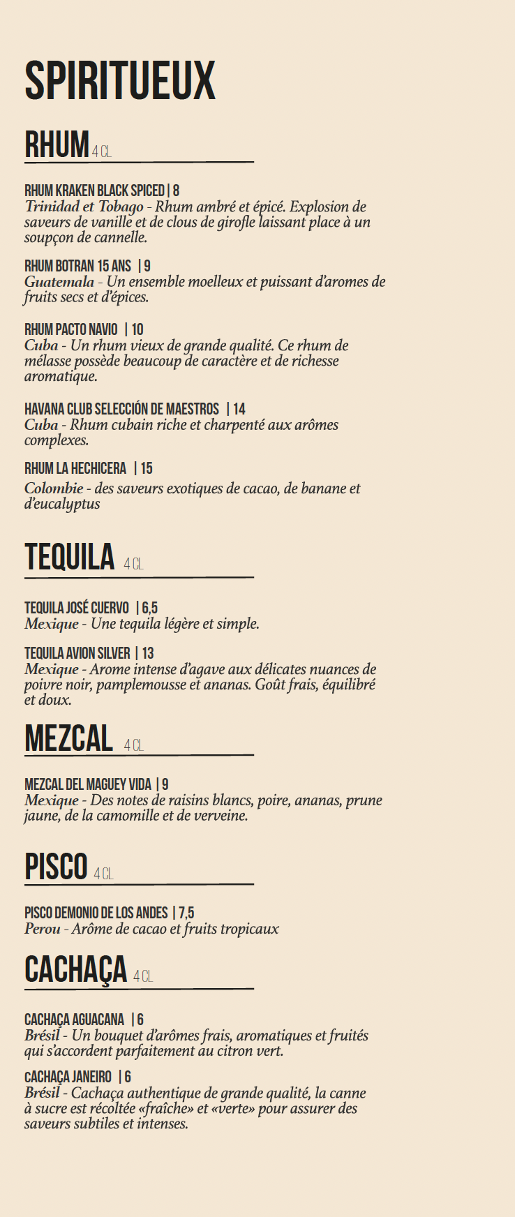 Loco loca - spiritueux - cocktails - carte - rhum - tequila - mezcal - pisco - cachaça