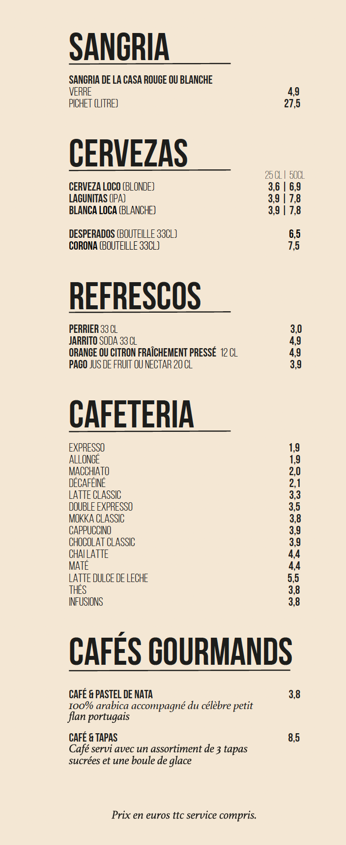 menu sangria - bière - café - café gourmand - loco loca