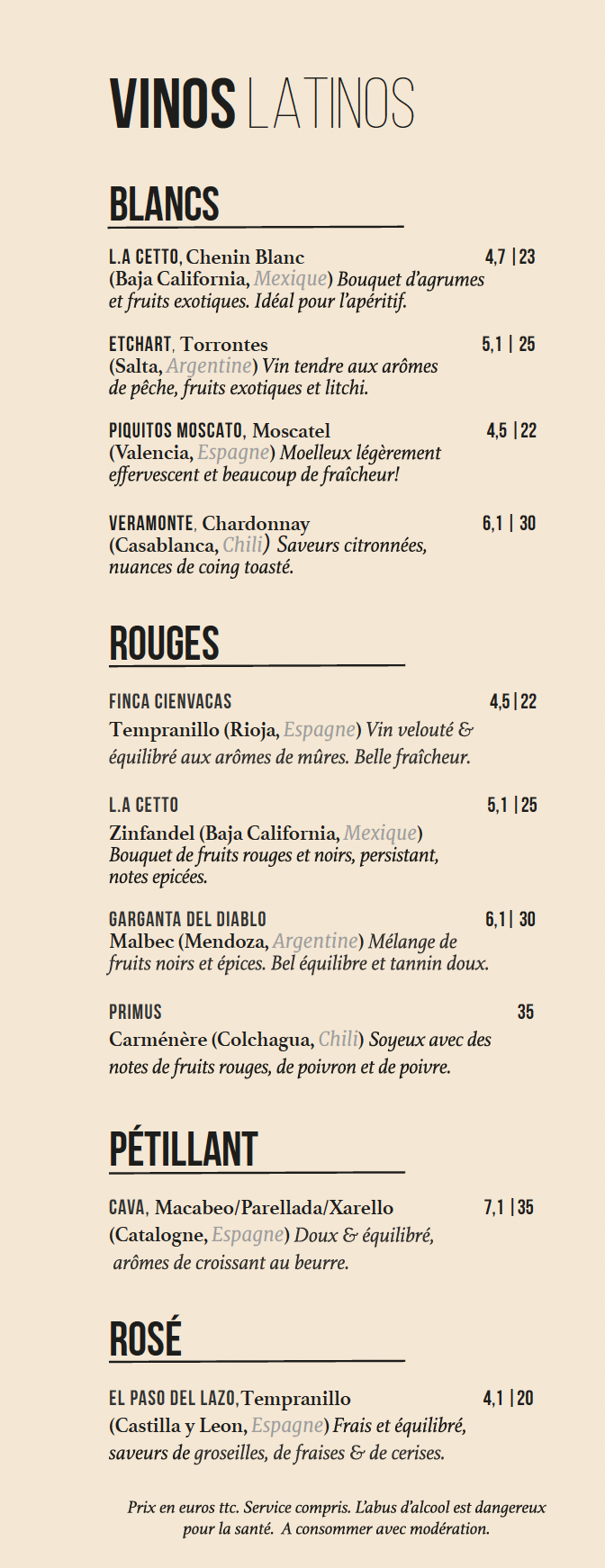 menu vins - vin rouge - vin blanc - rosé - loco loca